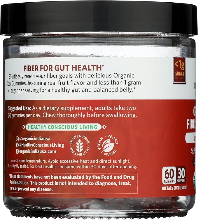 ORGANIC INDIA Fiber Gummies for Adults - Prebiotic Fiber, Dietary Supplement, Digestive Health for Men & Women, Vegan, Low Sugar, Non-GMO - Strawberry, 60 Gummies