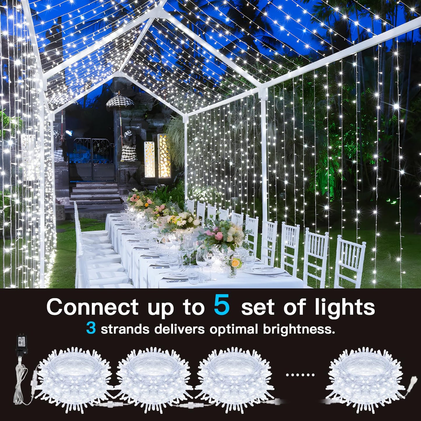 suddus 200 LED White String Lights with Timer, 12 Modes, Connectable Indoor/Outdoor, Model SD-200STRW