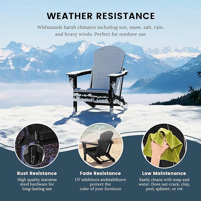 Westin Outdoors Laguna WO Outdoor Adirondack Folding Patio Chairs 8 PCS Set Retro Beach Aesthetic for Backyard, Lawn, Patio, Deck, Garden, Weather Resistant Polyethylene Plastic Lounger (Black)