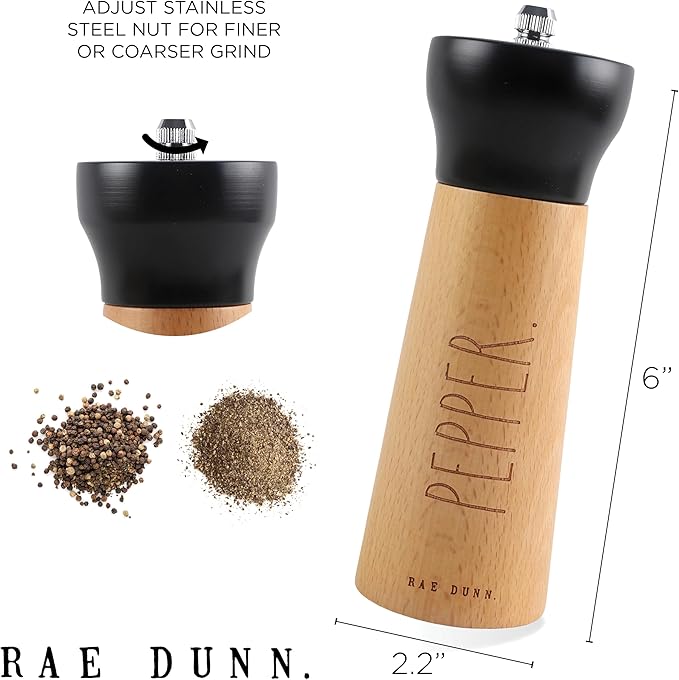 Rae Dunn Salt and Pepper Grinder Set of 2 - Bamboo Sea Salt Pepper Grinder - Classy Salt and Pepper Shakers - Pepper Mill & Salt Mill, Black