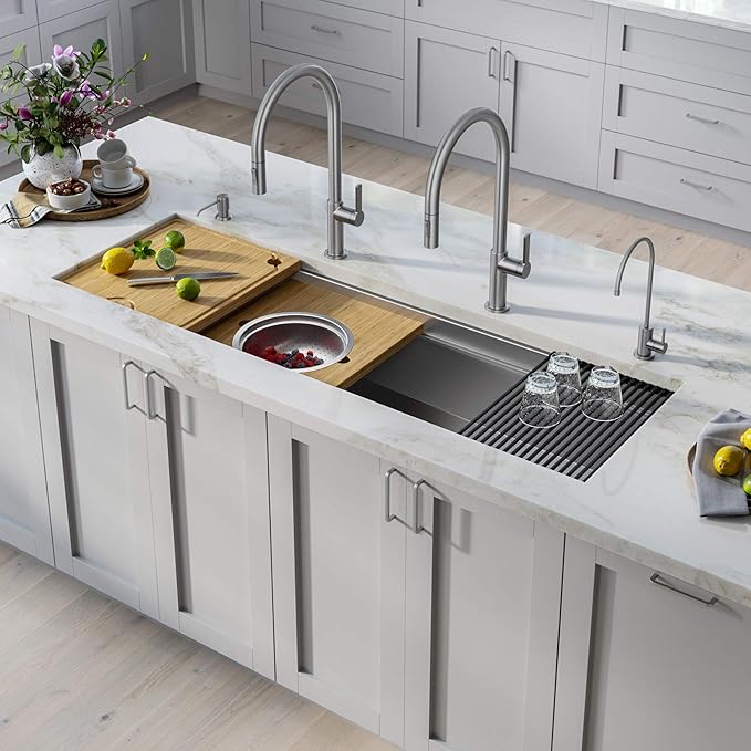 Kraus KWU210-57 Kore 2-Tier Workstation Undermount 16 Gauge Stainless Steel Single Bowl Kitchen Sink with 10 Piece Chef’s Kit of Accessories, 57 inch
