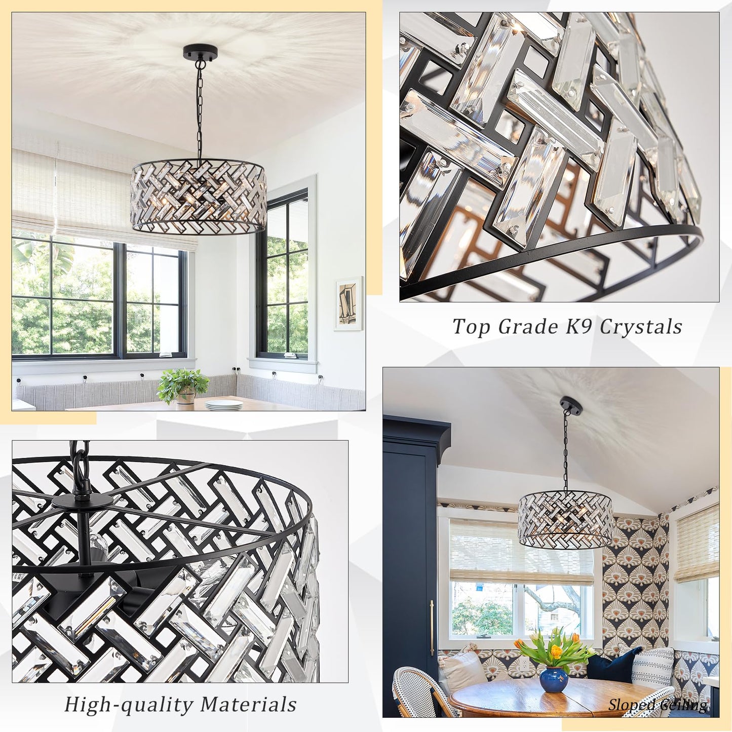 Catiner Black Modern 18 Crystal Chandelier, 6-Light Semi Flush Mount, Metal Drum Shade For Kitchen, Dining Room, Bedroom, Hallway