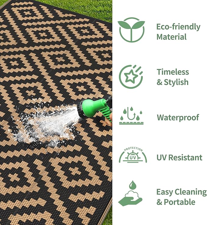 GENIMO 8' Round Outdoor Rug for Patios Clearance, Reversible Plastic Straw Rugs, RV Camping Mat for Camper, Balcony, Backyard, Picnic, Deck, Black & Brown