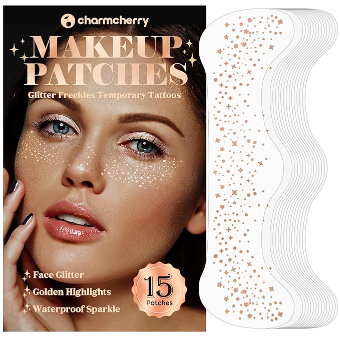 CharmCherry Makeup Patches (15 Count, Rose Gold), Face Sparkle Freckles Patches, Waterproof Glitter Freckles Face Tattoo, ...