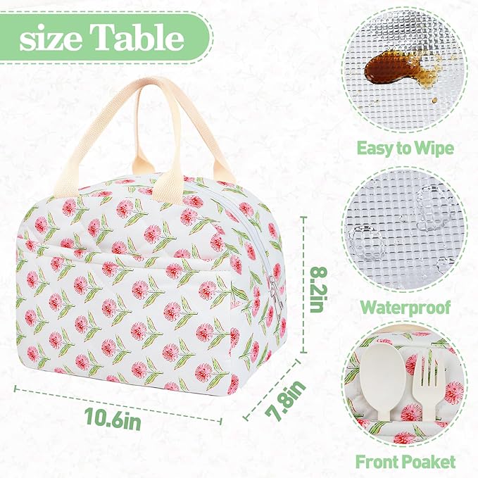 Cotton Quilted Insulated Lunch Bag, Cute Quilted Floral Lunch Tote Bags Reusable Insulated Lunch Box Coquette Aesthetic Large Capacity Insulated Cooler for Women Work Travel Picnic (Big Pink Flowers)