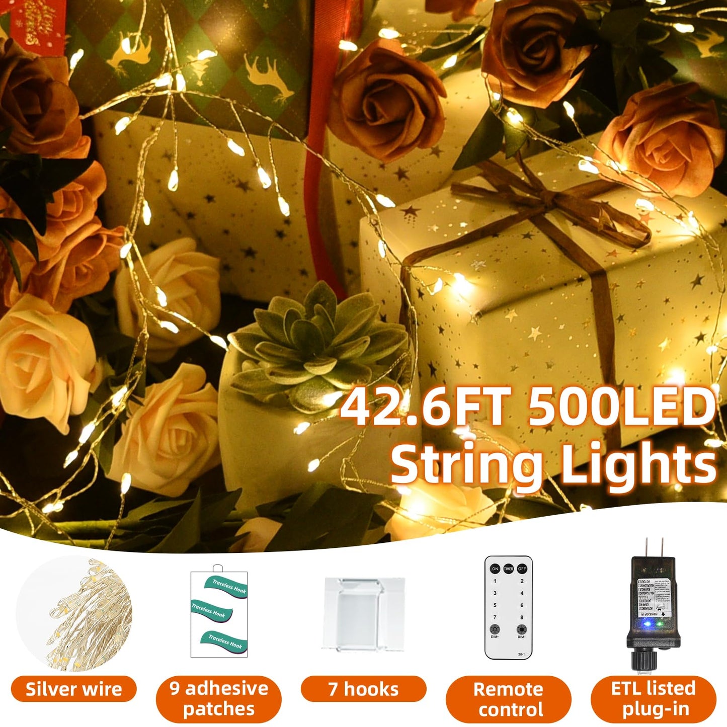Dailyart 500 LED Fairy Lights, Silver Wire, Warm White, Remote & Timer, Waterproof, 42Ft for Indoor/Outdoor Wedding Decor