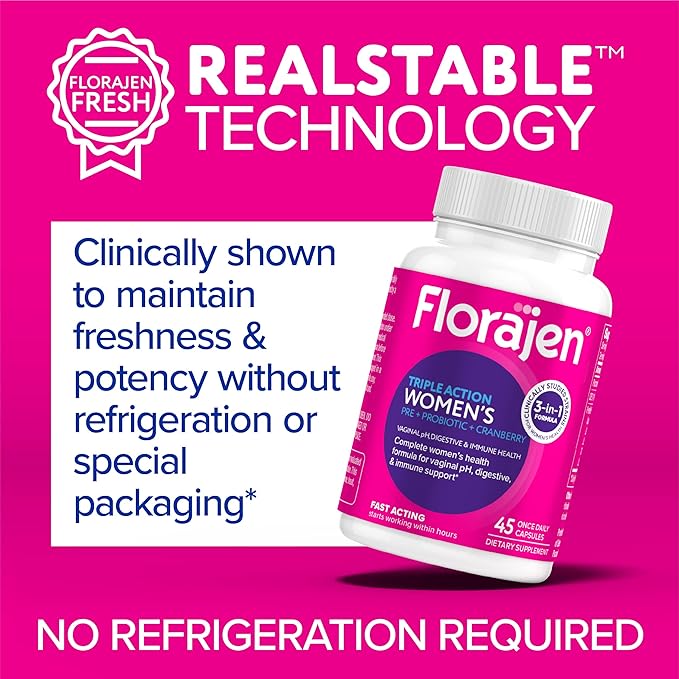 Florajen Women’s Triple Action Probiotic – Prebiotic + Probiotic + Cranberry for Vaginal, Digestive & Immune Support – Fast-Acting, Clinically Studied, Gluten-Free & Vegan, (30 Count)