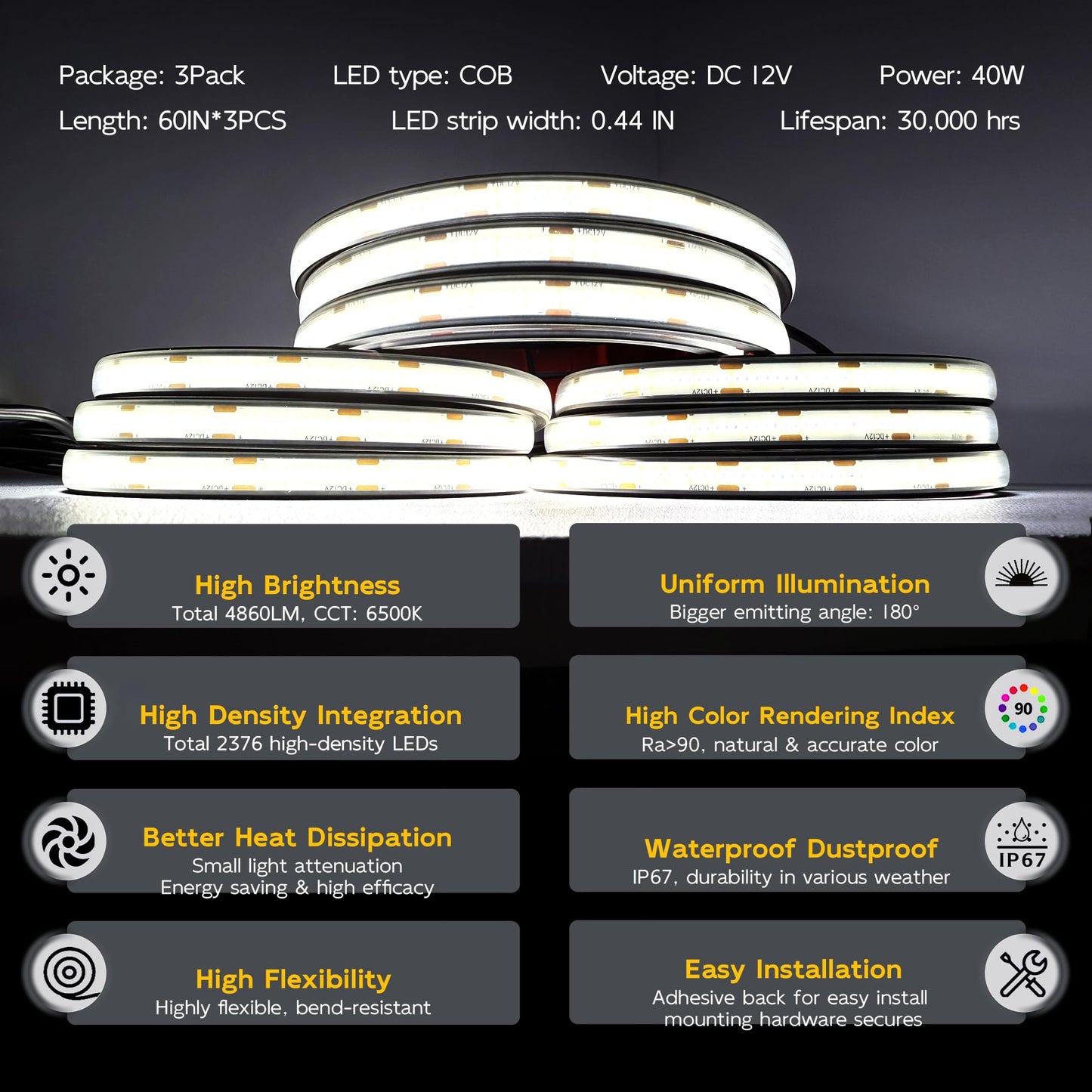 Canria Led Truck Bed Lights  60 Inches  3 Pack  Cob 2376 Leds  White 6500K 12V  41W  Ip67  With Switch  5A Fuse Holder  Easy Install  Ideal For Truck Cargo Lighting  Dc5521 Jack
