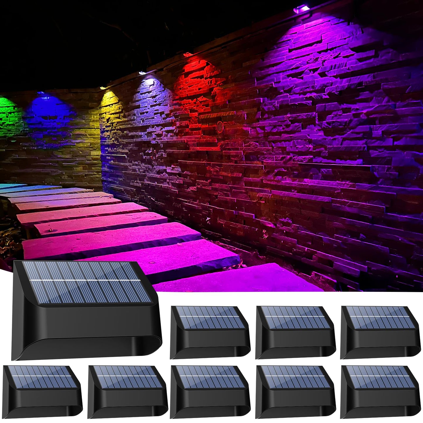 Yivsen Solar Fence Lights  Warm White & Rgb Fence Lights Outdoor Step Lights Outdoor Waterproof Led Solar Lighting For Outside  Backyard  Patio  Deck  Stair Handrail  Pool And Wall(8 Pack Black)