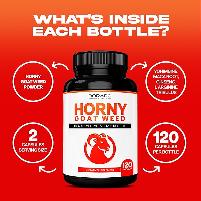 Horny Goat Weed For Men and Women - [Maximum Strength 1590mg] Maca, Ginseng, L-Arginine, Tribulus - Premium Hornygoatweed - Icariin Epimedium For Men - 3rd Party Tested - USA Made - 120 Count