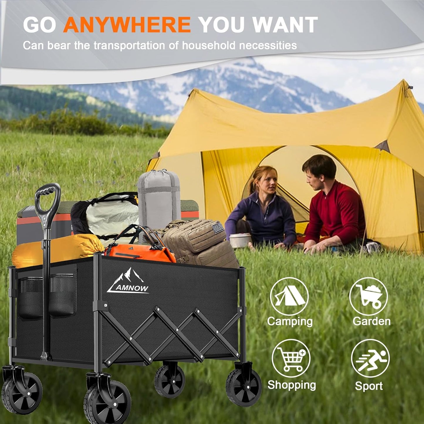 Collapsible Folding Wagon Cart, 350LBS Utility Large Capacity Cart Foldable Wagon with All Terrain Wheels, Grocery Wagons Carts for Garden Shopping Sports Camping, Black