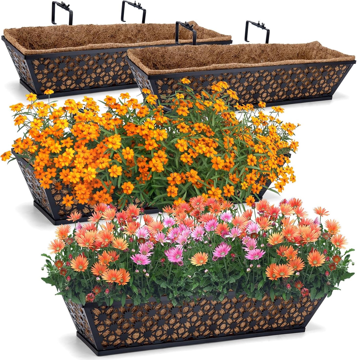 4 Pack 24 Inch Window Box Planters Outdoor,Deck Railing Planter Boxes with Coco Liner,Metal Hanging Window Flower Boxes for Balcony Fence Porch Garden Railing – Outdoor Window Flower Box