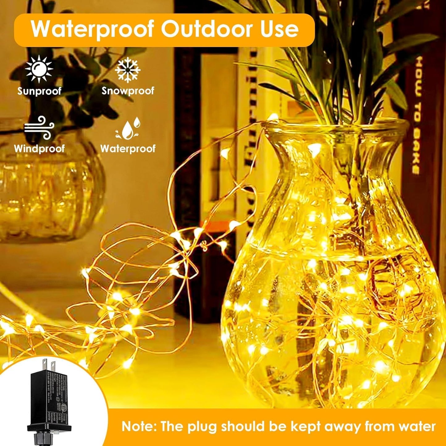BHCLIGHT 99Ft 300 LED Fairy Lights, Waterproof Copper Wire String Lights with Remote, Warm White, Model MLS-D4.5V1.35WUC-O
