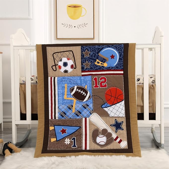 Wowelife Sports Crib Bedding Set for Boys, Premium 3-Piece Baby Bedding Set Brown Football Basketball Rugby Crib Bed Set Baseball Soft with Crib Comforter, Skirt and Sheet, Brown