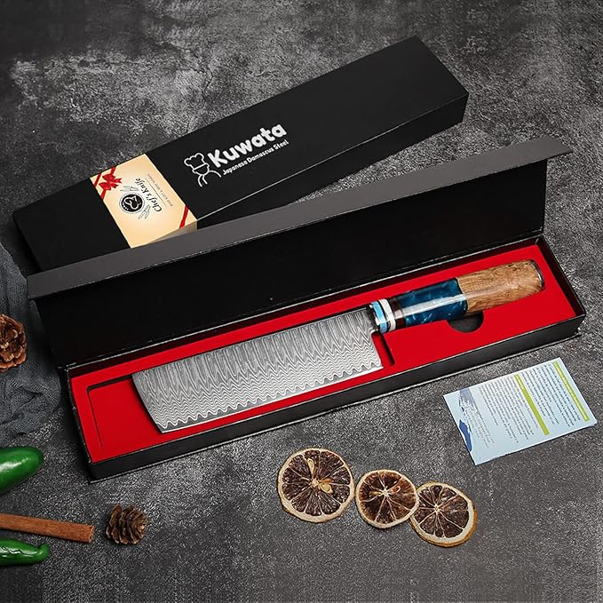 Kuwata Nakiri Chef Knife, Japanese VG10 Damascus Steel Professional Kitchen Chefs Cooking Knife, Nakiri Knife G10 Ergonomic Blue Handle with Gift Box