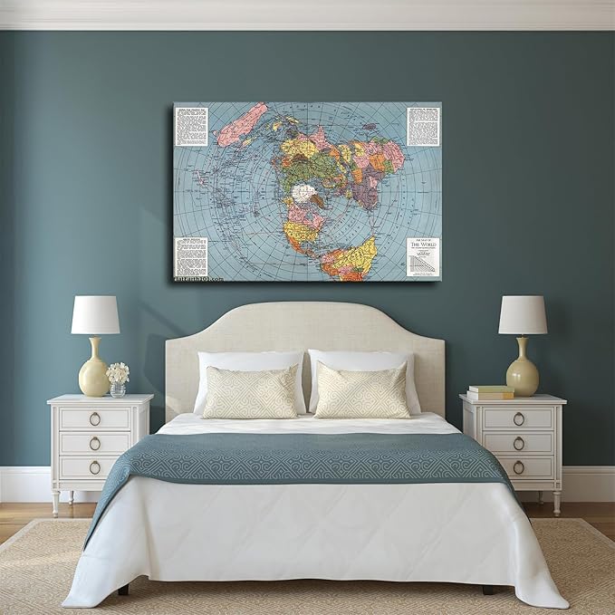 Flat Earth Map of The World Model - 1943 Polar Azimuthal Equidistant Projection Map Art Poster Room Aesthetic Wall Art Canvas Decoration Home Decor Gifts (16×24inch Unframed)