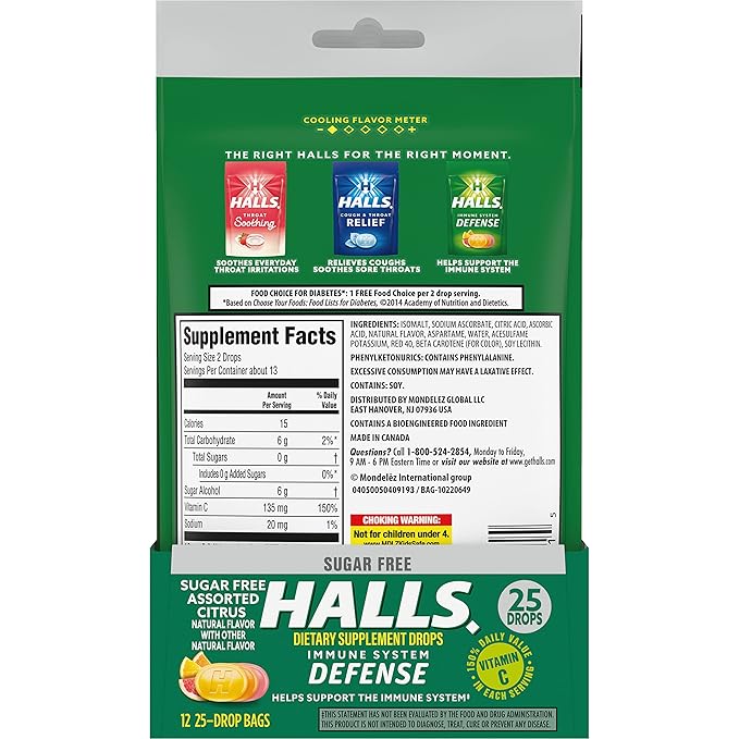 HALLS Defense Assorted Citrus Sugar Free Vitamin C Drops, Dietary Supplement Drops, 12 Bags of 25 Drops (300 Total Drops)
