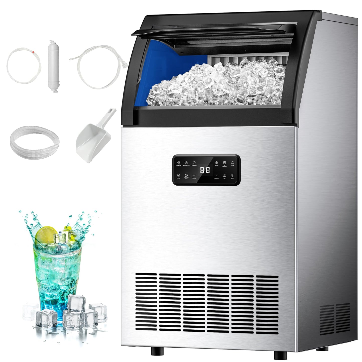 EUHOMY Commercial Ice Maker,105lbs/24H,Stainless Steel Under Counter Ice Machine with Water Filter,33lbs Storage Capacity, 45 Cubes in 8-12 Mins, Freestanding Ice Machine for Home/Bar/Cafe/Restaurant