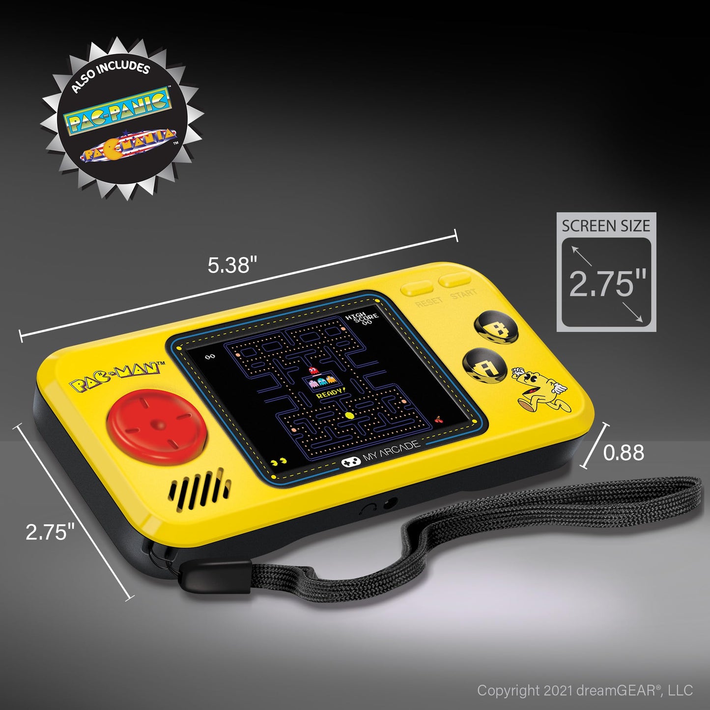 My Arcade Pocket Player Handheld Game Console: 3 Built In Games, Pac-Man, Pac-Panic, Pac-Mania, Full Color Display, Speaker, Volume Controls, Headphone Jack, Battery or Micro USB Powered, Yellow