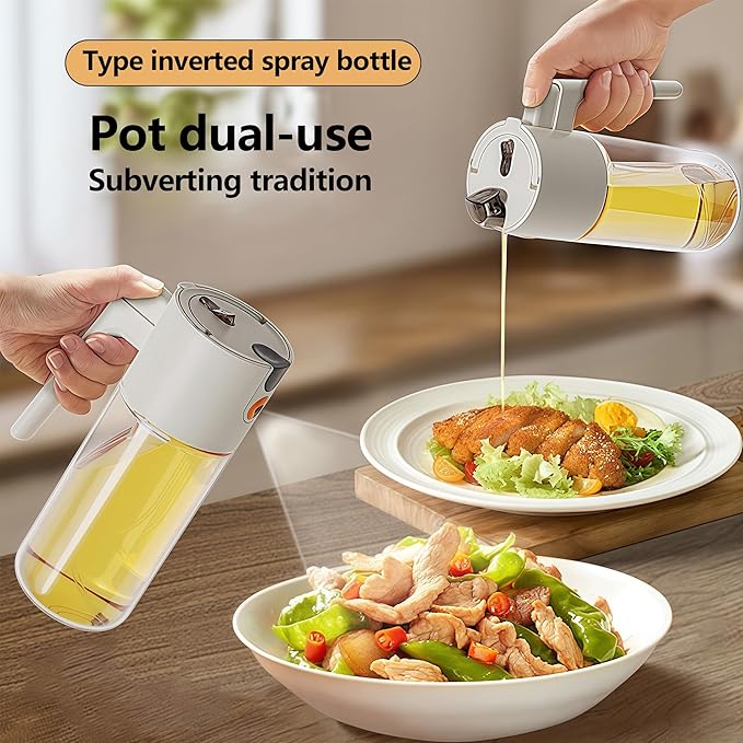 Olive Oil Spray Bottle Dispenser，2-in-1 Glass Material Kitchen Cooking Oil Sprayer，20.3 oz/600 ml Cooking Spray, Glass Spray Bottle with Tipper, Food Grade Spray for Kitchen, Salad, Frying, Barbecue