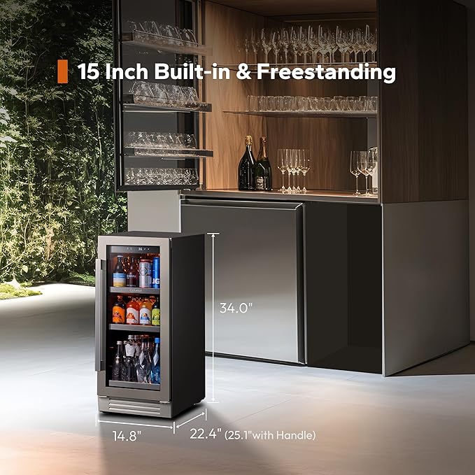 Ca'Lefort 15 Inch Beverage Refrigerator Cooler - 100 Can Mini Fridge with Glass Door for Soda Beer or Wine, 3 LED Compressor Fridge for Home Office Bar with 3 Adjustable Removable Shelves(3.0 cu.ft)