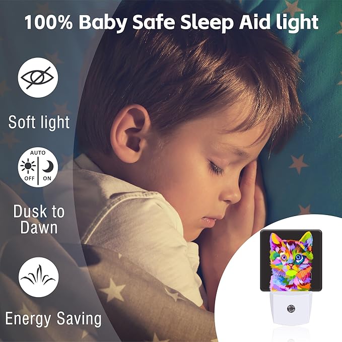 Cat on Pop Art Night Light Plug into Wall, Cute Colorful Cat Dusk to Dawn Night Light, 0.5w Energy Saving Sleep Friendly Nightlights for Kids Boys Girls Home Decor