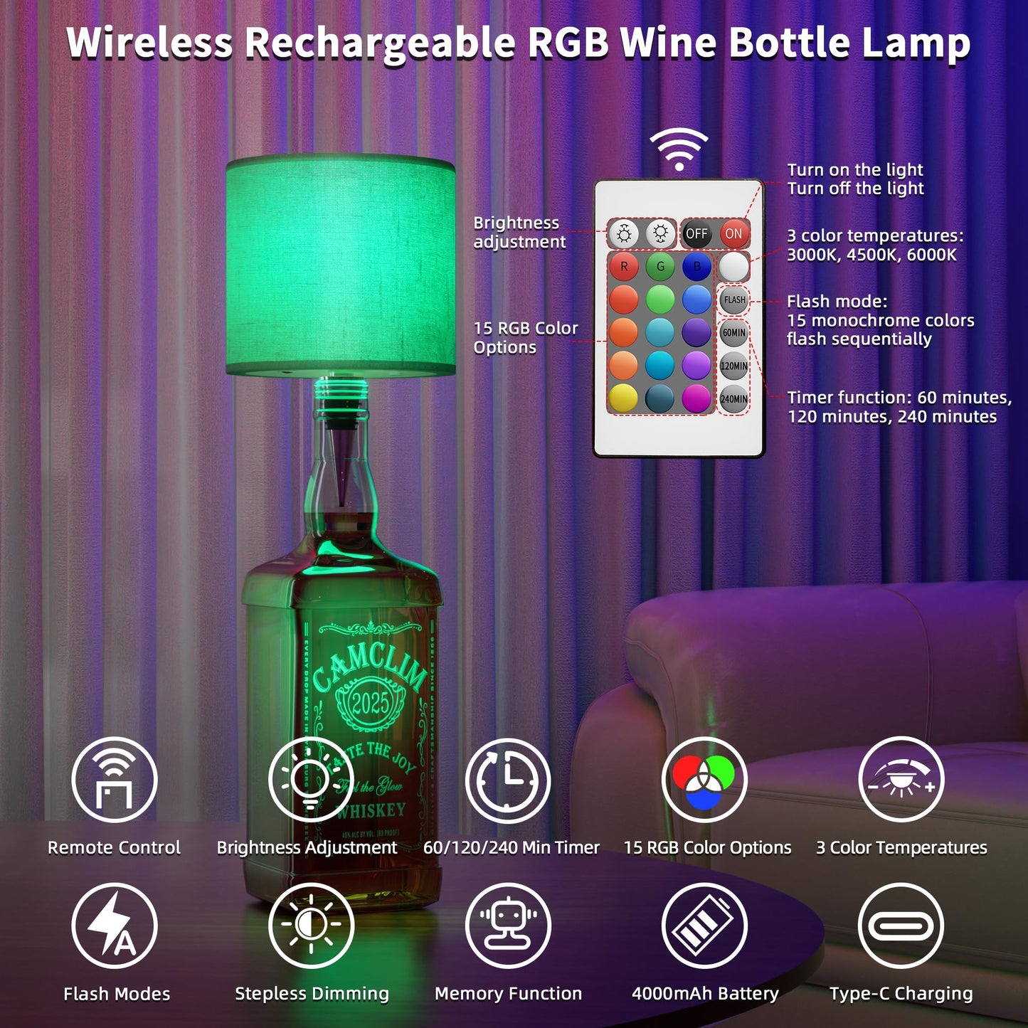 CAMCLIM Wireless Wine Bottle Lamp Shade - Dimmable LED, Rechargeable, Portable, Cylindrical, Model DX0041