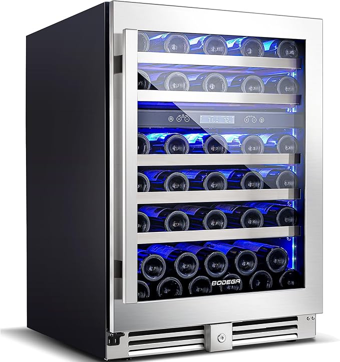 BODEGA 24 Inch Wine Cooler, Under Counter Wine Fridge Dual Zone With Silent Cooling System, Built In Or Freestanding Wine Cooler Refrigerator For Home, 56 Bottles With Stainless Steel Glass Door.