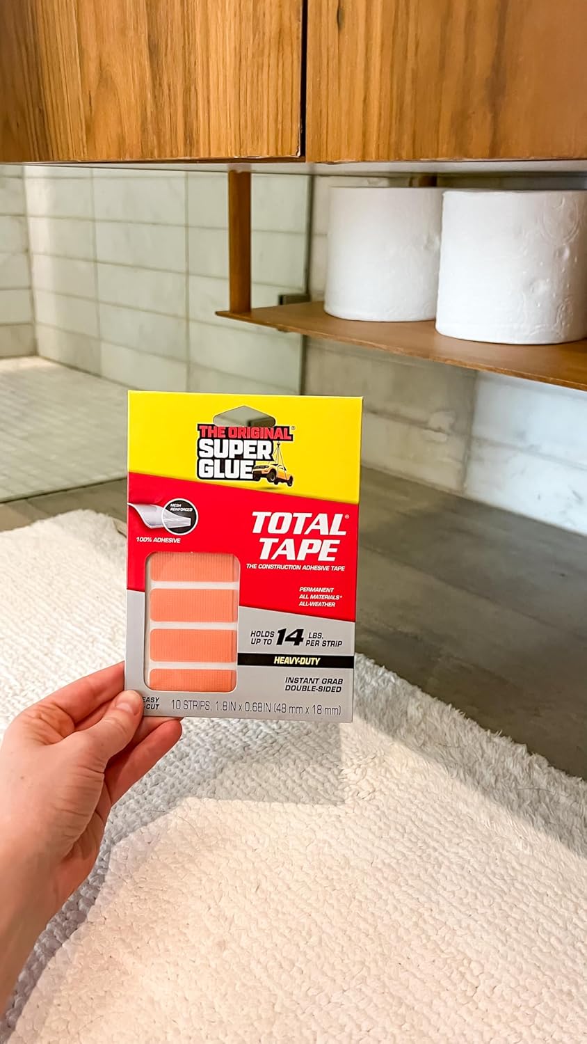 Super Glue, Total Tape Precut Strips, 10 Strips, 3-Pack, Strong Indoor & Outdoor Construction Adhesive, Holds 14 lbs. per Strip, Permanent Bonding, All-Weather, Easy-to-Use Double-Sided Tape