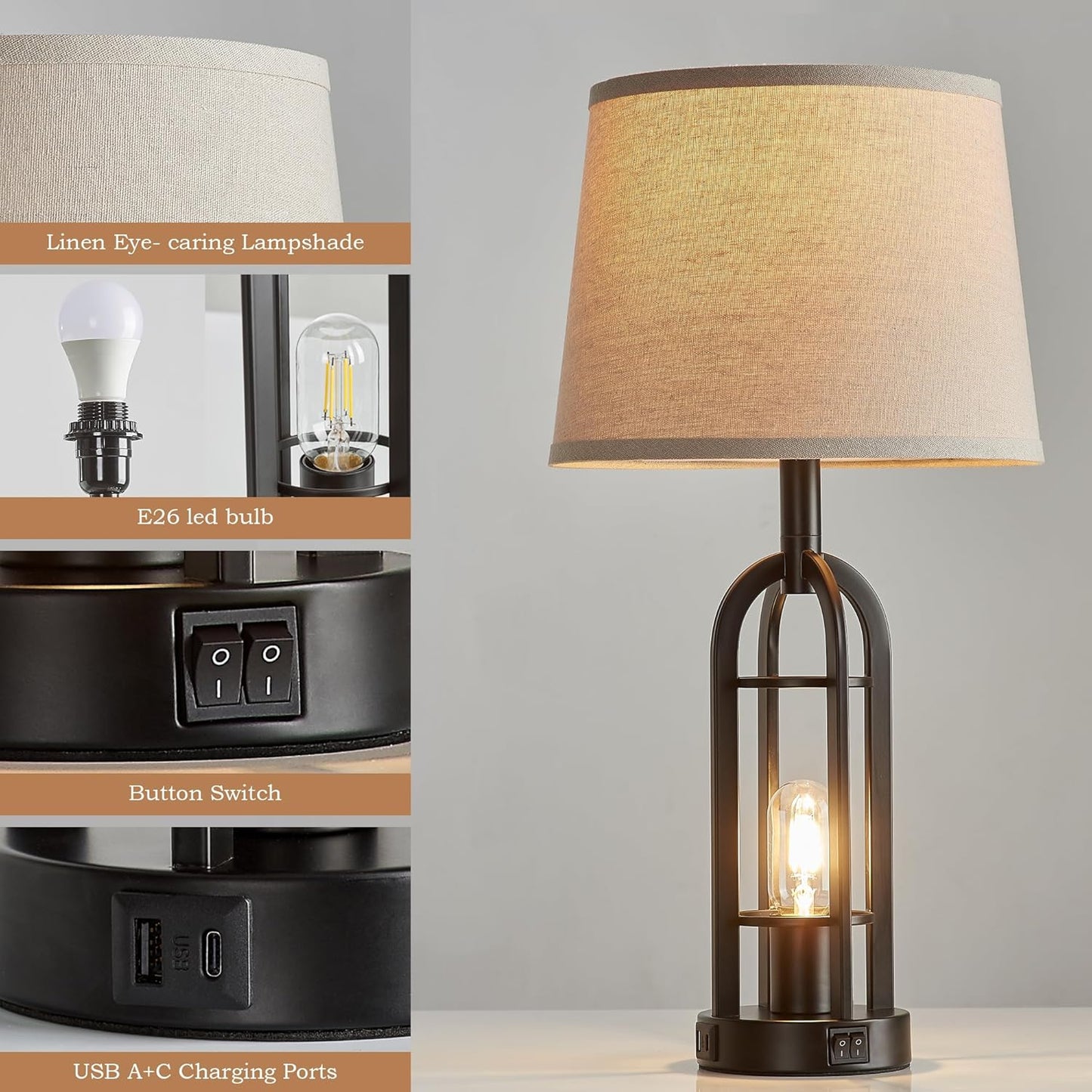 Black Table Lamps for Living Room Set of 2 - Farmhouse Lamps for Night Stands with USB A+C, Bedside Lamps for Bedroom, 24'' Industrial Lamp for Living Room End Tables