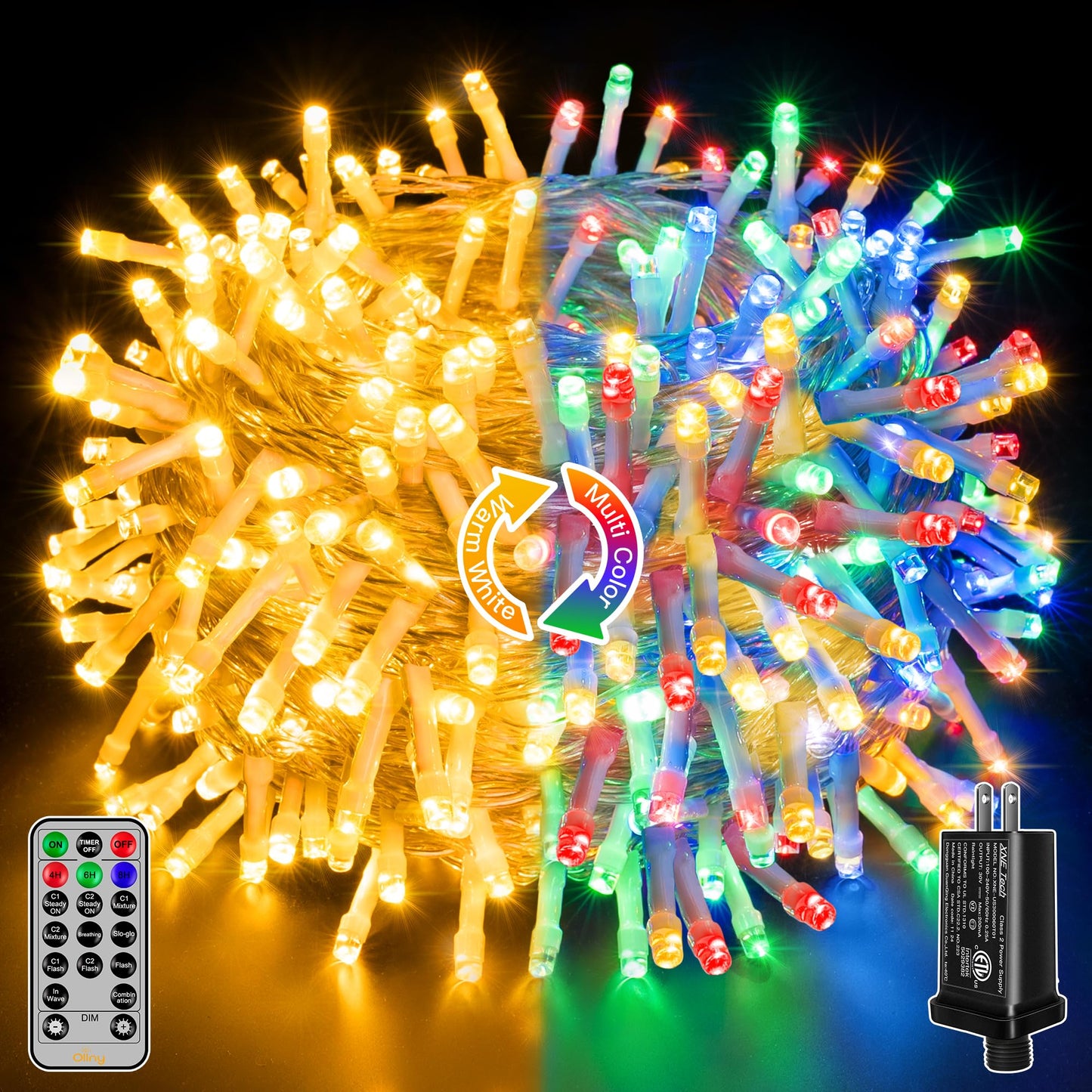 Ollny Christmas String Lights 200 LED Color Changing Multicolored & Warm White 66FT with Remote Control, Waterproof, Model HG-29V203C