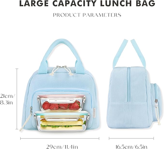 HOMESPON Lunch Bag for Women Men Adults with Front Pocket Cute Corduroy Insulated Lunch Tote Large Capacity Lunch Box Cooler Container for Work Picnic or Travel (Light Blue)