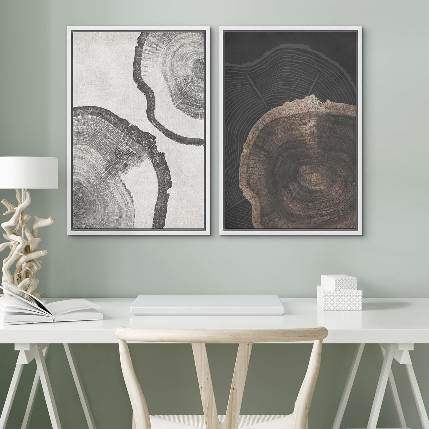 SIGNWIN Framed Canvas Print Wall Art Wood Tree Rings Abstract Illustrations Minimalist Modern Wall Art Neutral Boho Decor for Living Room, Bedroom, Office - 16"x24"x2 White