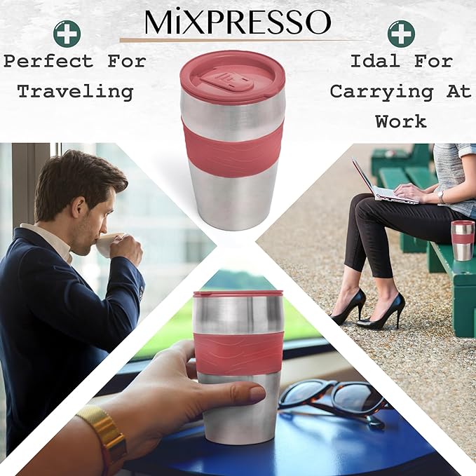Mixpresso Personal Single-Serve Coffee Maker & 14oz Travel Mug, Drip Small Tumbler With Auto Shut Off & Reusable Filter, Red, Compatible With Coffee Grounds