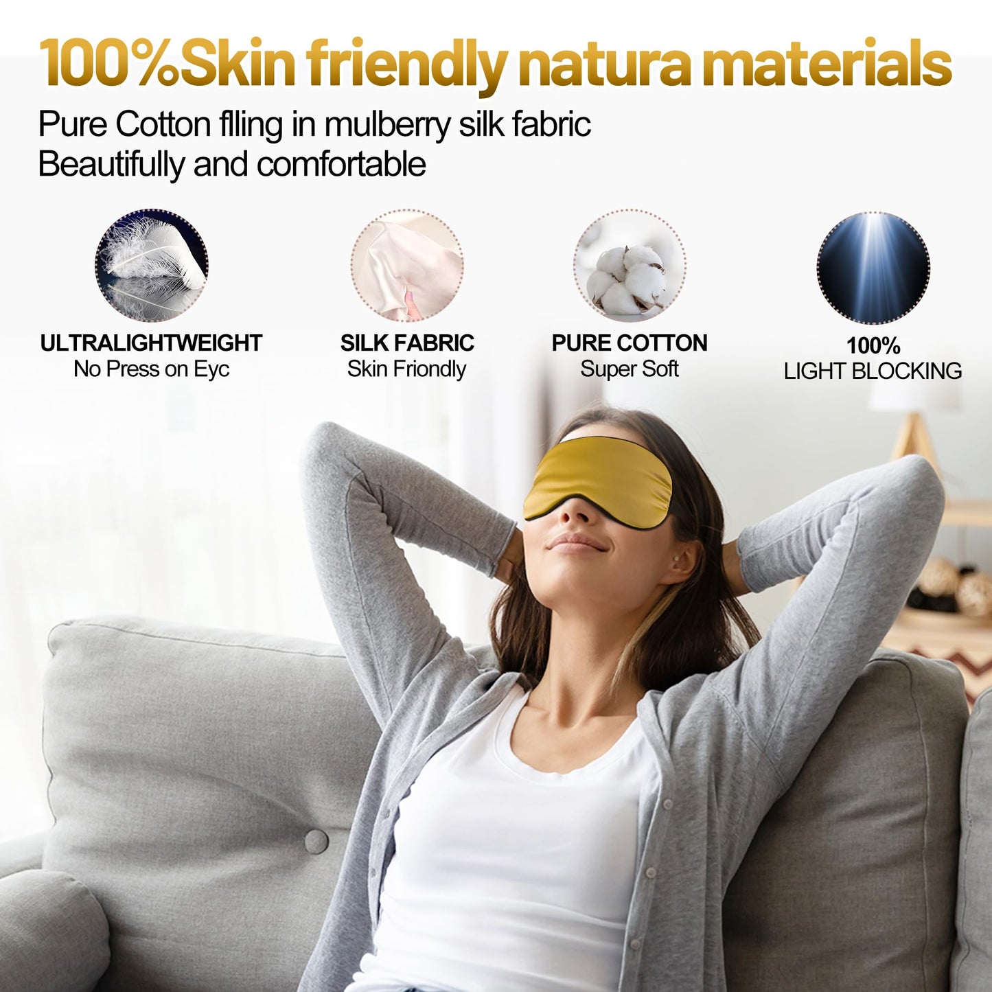 Sleep Mask, Silk Eye Mask for Sleeping with Adjustable Strap, Blindfold Eyeshade for Men & Women, Comfortable & Soft Eye Cover Eyeshade for Night Sleep (Gold)