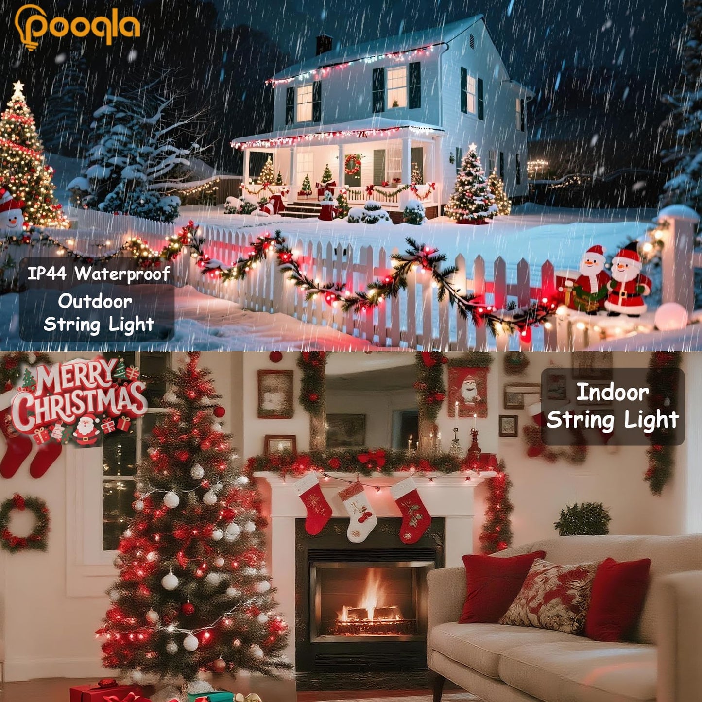 Pooqla Christmas String Lights, 66 ft, 200 LED, Clear Wire, 8 Modes, Red and White