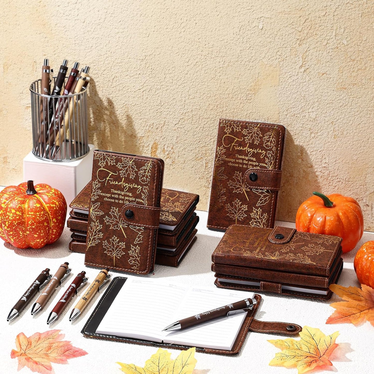 20 Sets/40 Pcs Friendsgiving Gift Bulk Thanksgiving Notebooks Maple Leaf A6 Leather Journals with Bamboo Pens Friendsgiving Party Favors Christmas Sisterhood Gift for Women Friends Bestie Sorority