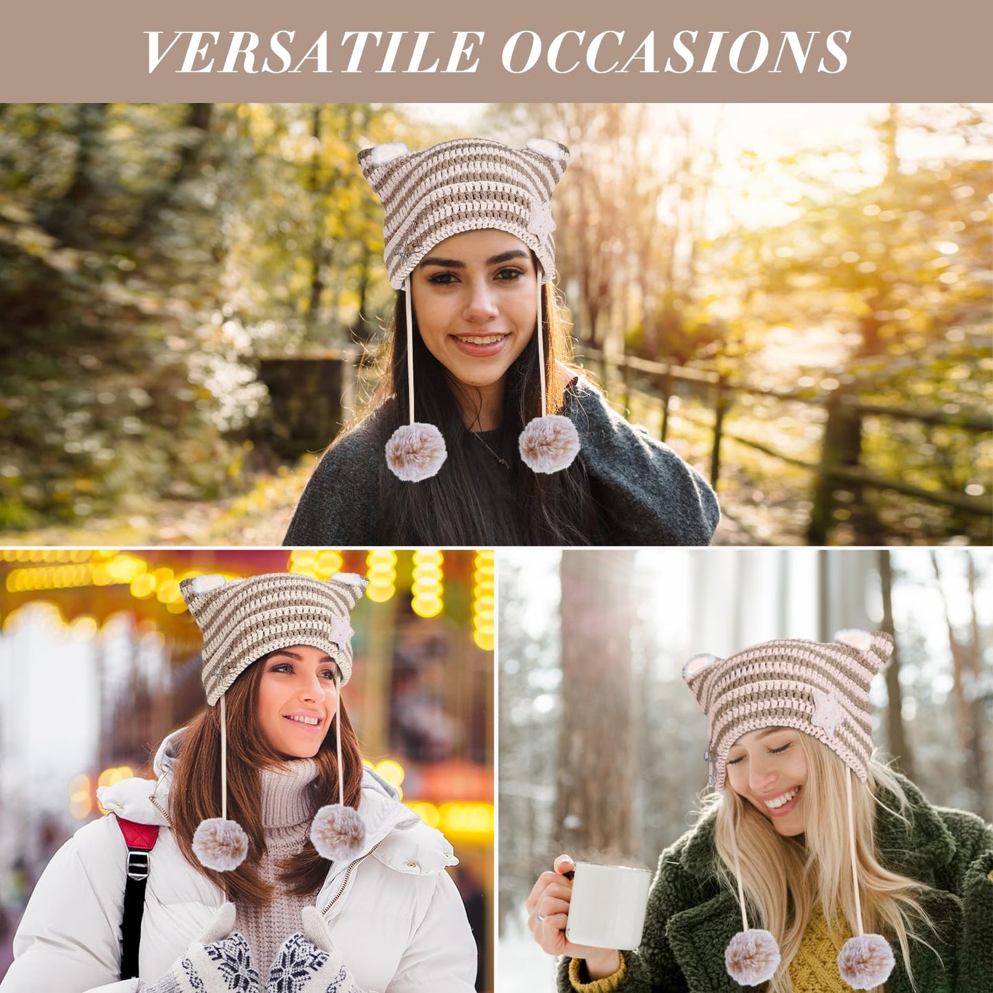 Cat Ear Beanie Y2K Hat, Women Girl Emo Crochet Striped Grunge Goth Star Pom Aesthetic Knit Kawaii Alt Cute Slouchy Skull Cap (Khaki Beige)
