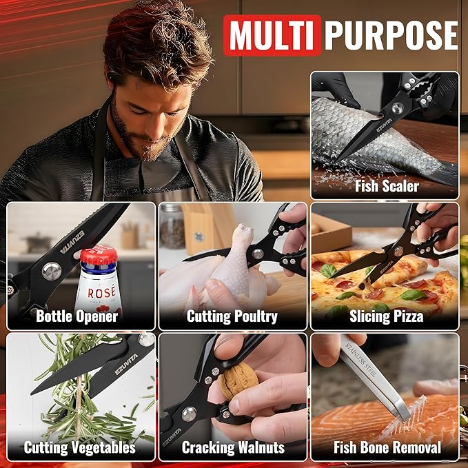 5-in-1 Multifunctional Heavy-Duty Kitchen Scissors with Tweezer, Black All Purpose Kitchen Shears with Titanium Coated Stainless Steel Blades, Dishwasher Safe Poultry Shears