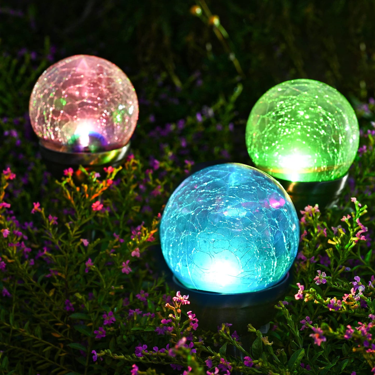 GIGALUMI Solar Path Lights, Color Changing  ed Glass Ball, 3 Pack, Stainless Steel