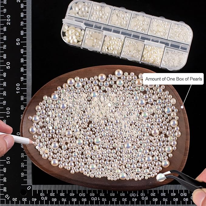 4000PCS Flatback Rhinestones and Half Round Pearls Kit #33, Multi Size Glass AB Crystals, Plastic Flat Back Beige AB Dome Bead with Pickup Pencil and Tweezer for Nail Art
