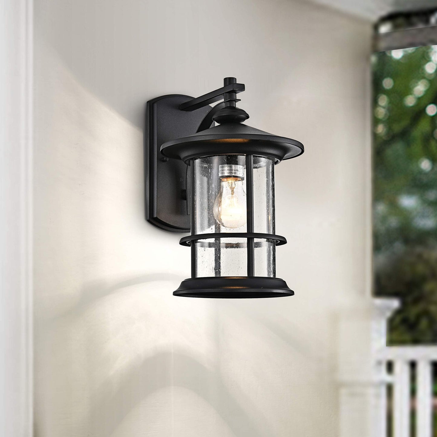 Micsiu Textured Black Outdoor Wall Sconce Light, 12.5 Clear Seedy Glass, Metal Fixture For Porch, Patio, Backyard