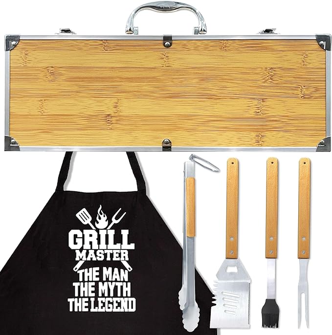 Grilling Accessories Anniversary Christmas Birthday Gifts for Dad, Heavy Duty Wooden BBQ Kit with Apron for Backyard, Thick Stainless Steel Grill Utensils with Non-Slip Handle Tools in Portable Bag