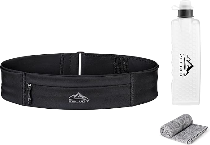 Zelvot Running Belt with 355ml Water Bottle, Extension Strap & Phone Holder, Adjustable Running Fanny Pack with Gym Towel,...