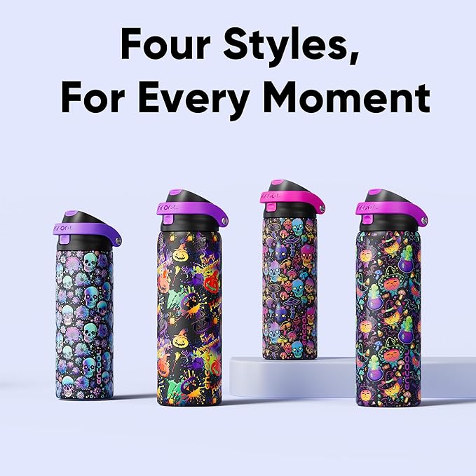 Encool SwiftSip Insulated Stainless Steel Water Bottle with Straw - Leak Proof Sports Water Bottle for School, Travel, Keeps Cold All Day, One-Touch Flip Lid, BPA-Free, 24 oz, Ghost Party