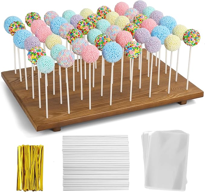 Wood Cake Pop Stand /w 300 Pcs Cake Pop Sticks and Wrappers - 48 Holes Cake Pop Holder Stand for Dessert Table- Lollipop Holder for Birthdays, Baby Shower, Weddings or Any Events.