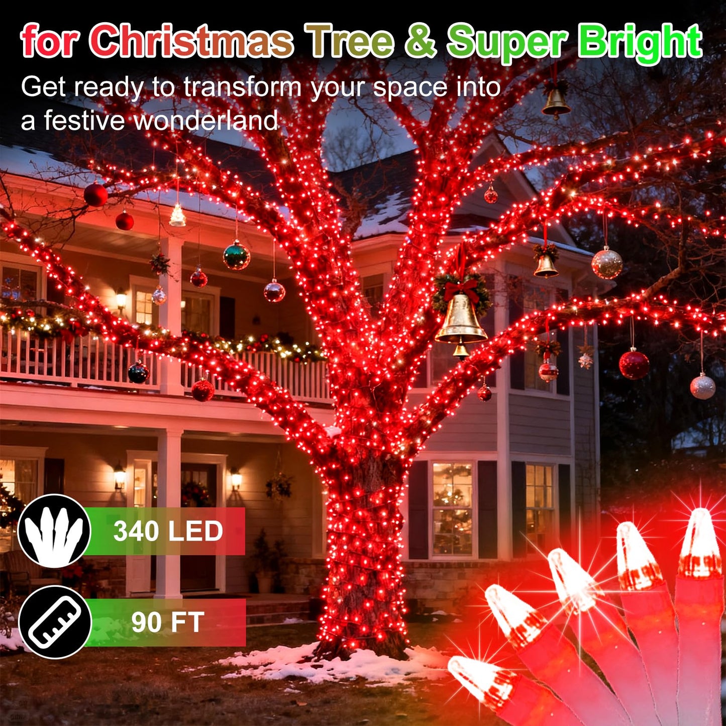 340 Led 90Ft Christmas String Lights Outdoor  12 Pro Modes And Timer Memory & Brightness  Plug In Outdoor Waterproof Clear Wire Twinkle Light For For Xmas Yard Tree Wedding Party Decor (Red)