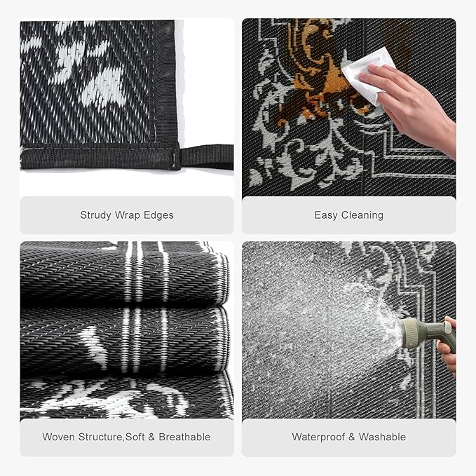 wikiwiki Outdoor Rug, 6x9ft Waterproof Reversible Mat Indoor Outdoor Rugs Carpet, Small Area Rug Plastic Straw Rug for Patio Deck Balcony Pool RV Camping Beach Picnic, Classic Black, Rugscape Series