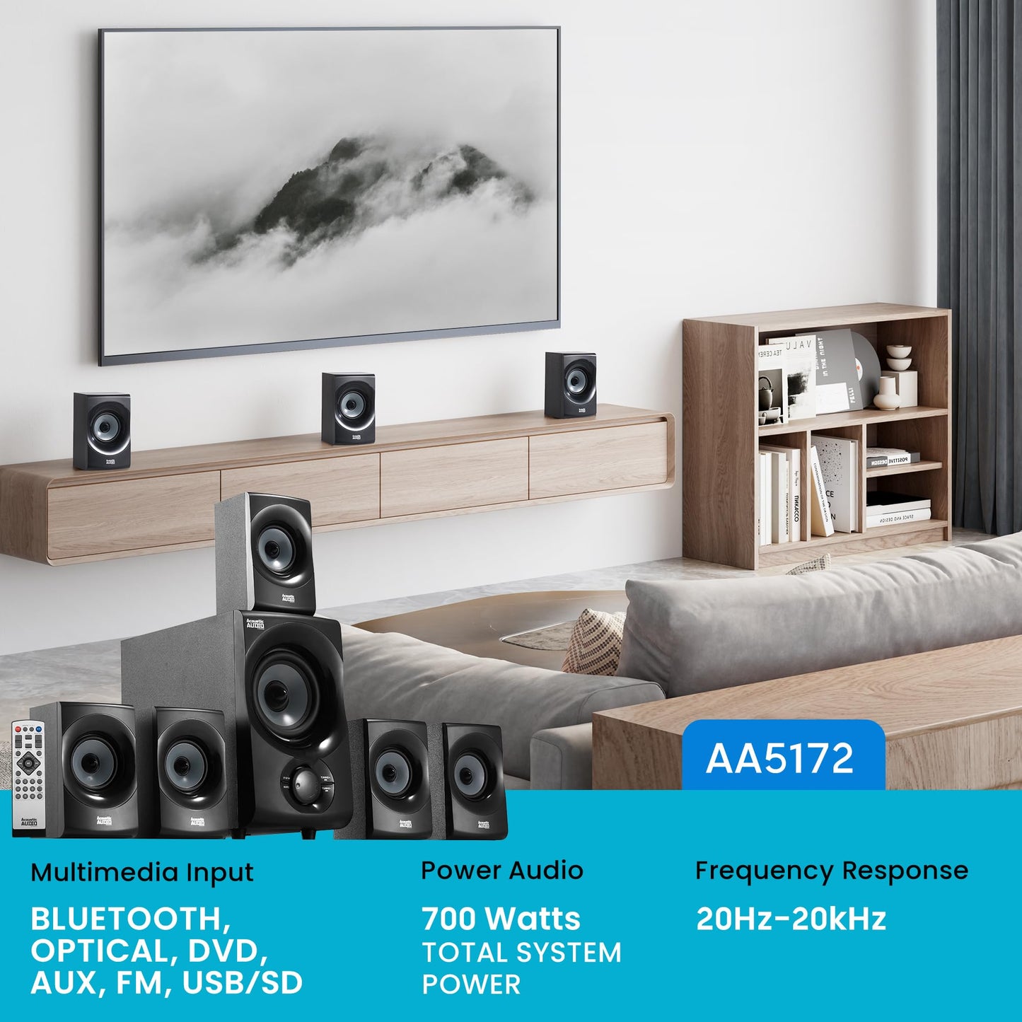 Acoustic Audio Aa5172 700W Bluetooth Home Theater 5.1 Speaker System With Fm Tuner, Usb, Sd Card, Remote Control, Powered Sub (6