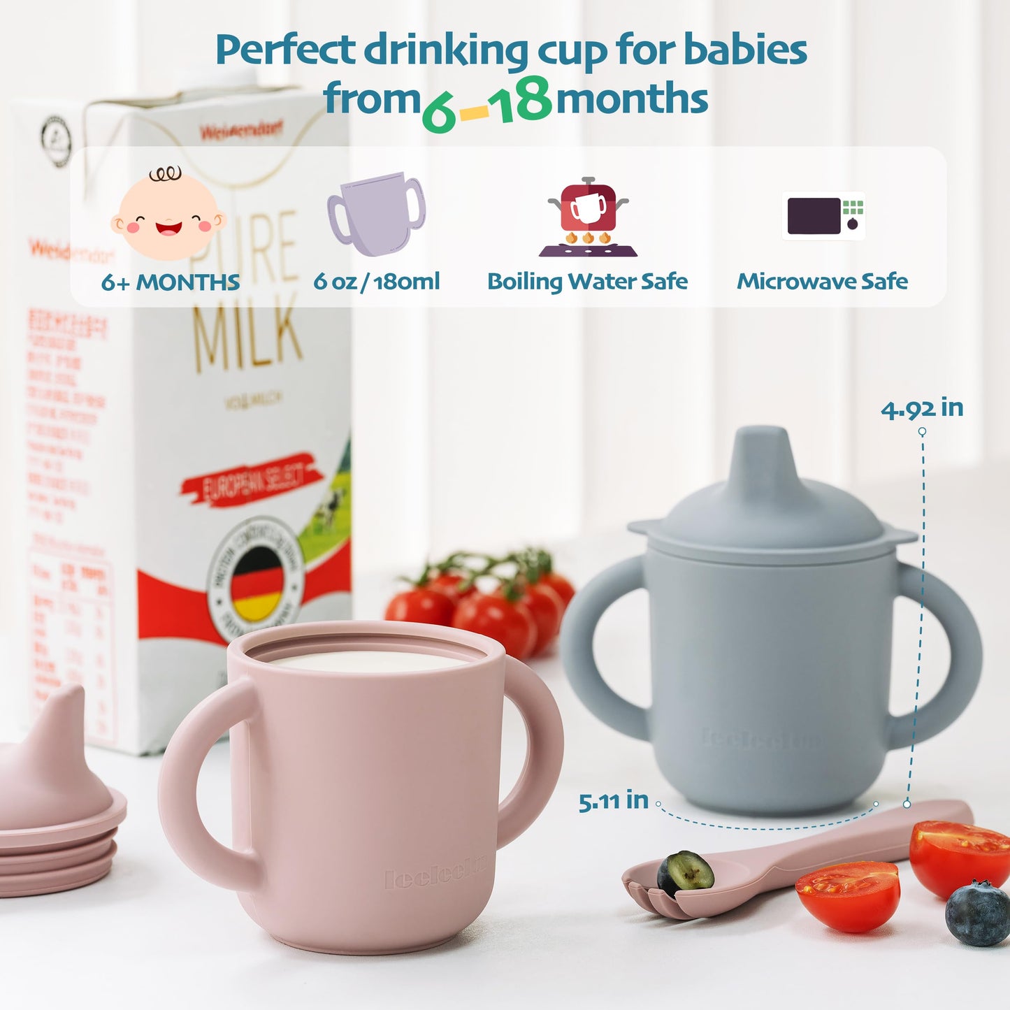 Leeleelon® Silicone Sippy Cups for Baby, Leak-Proof Sippy Cups for Baby & Toddler with Handles, Soft Spout Sippy Cup for Infants, 6+ Months, 6oz/180ml (Pack of 2)